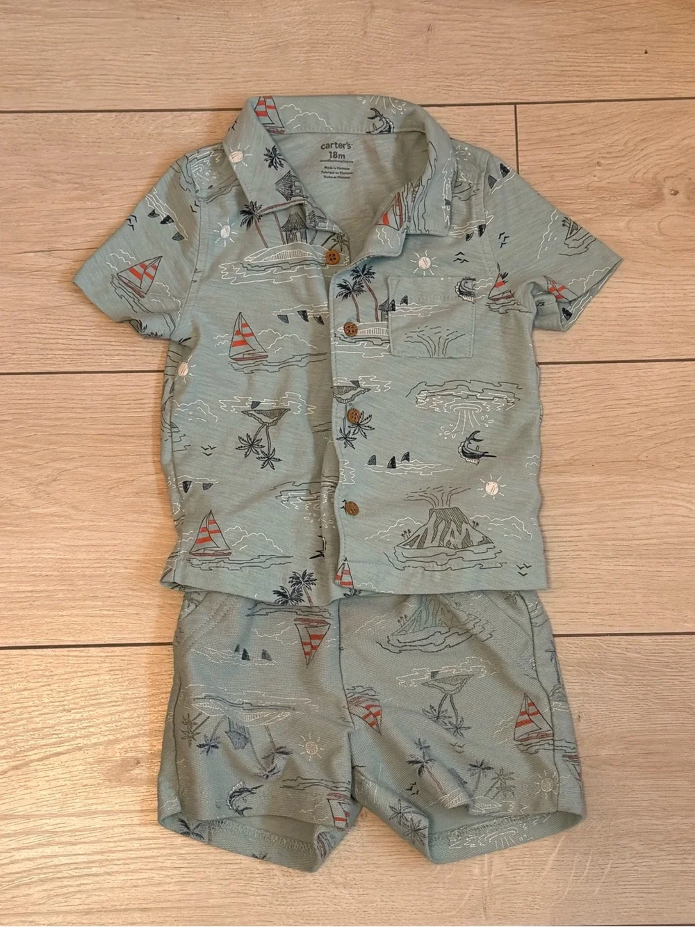 Carter's Sage Green Island Print Button-Up Short Set